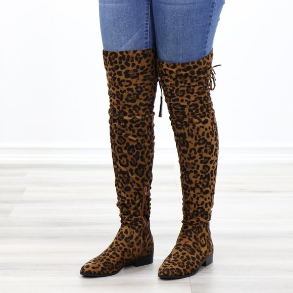 Leopard Suede Thigh High Flat Boot Lace Up Back - Picture 12 of 14